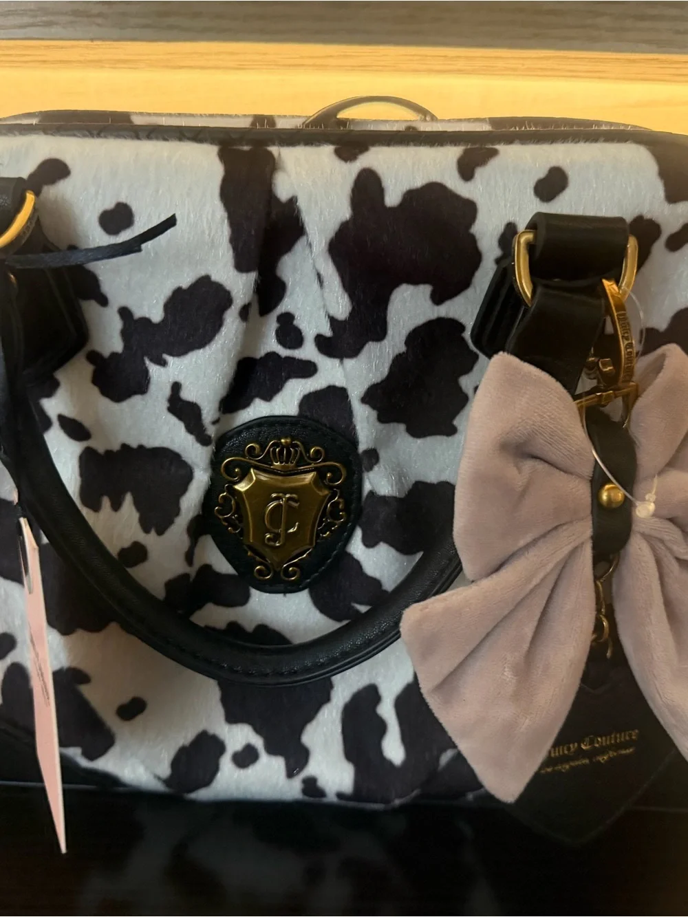 Juicy Couture Black and White Romance Cowhide Satchel with Pink Bow